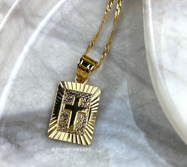 18K GOLD CROSS TAG NECKLACE