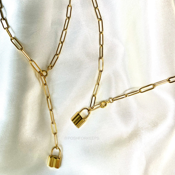 18K GOLD PAPER CLIP PADLOCK LARIAT NECKLACE