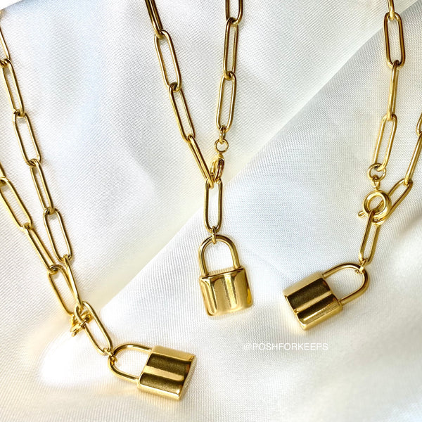 18K GOLD PAPER CLIP PADLOCK LARIAT NECKLACE