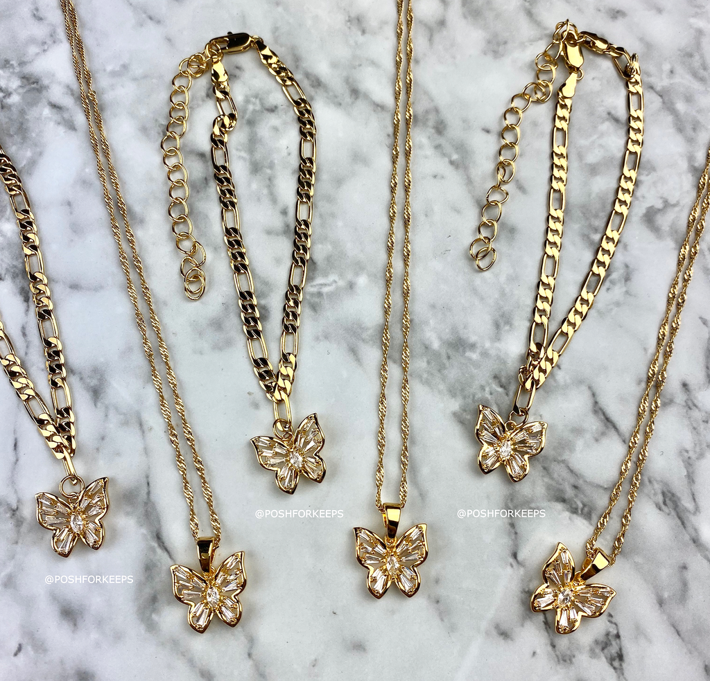 4 PIECE SET 18k gold plated Butterfly Necklaces, butterfly pendant necklace  , bu