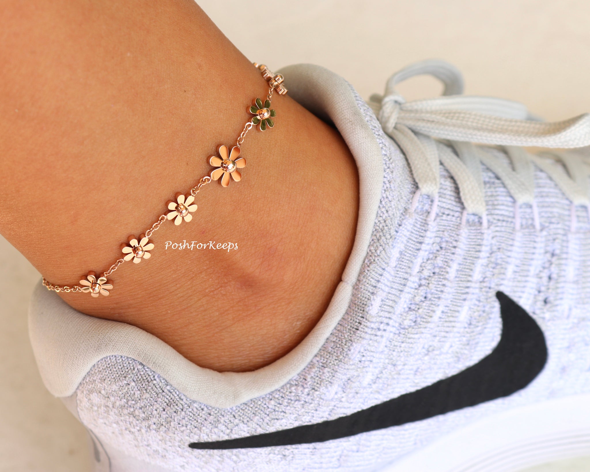Women Girl Titanium Stainless Steel Gold Daisy Flower Anklet Foot