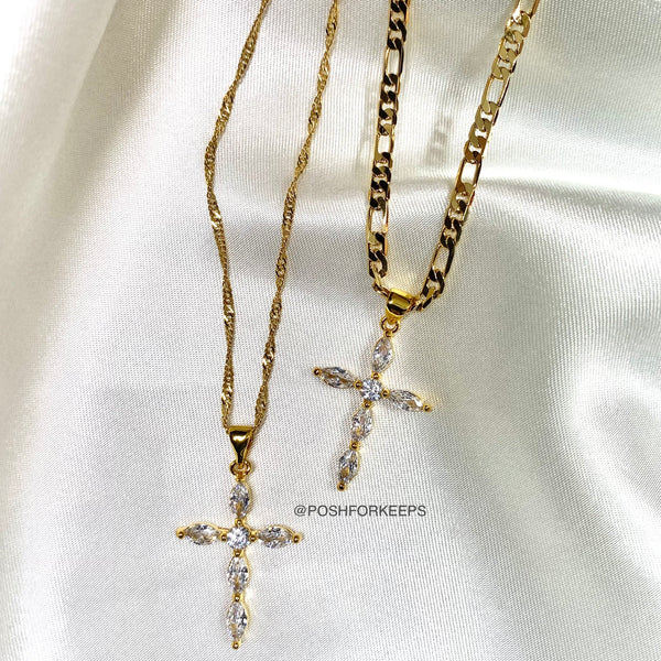 18K GOLD CRYSTAL CROSS NECKLACE